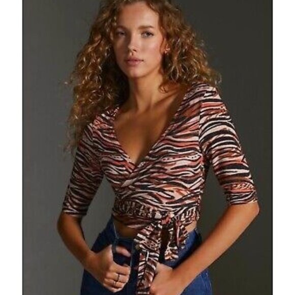 Anthropologie Daily Practice Wrap Top Brown Tiger Print Motif Size M NWT - Picture 1 of 14